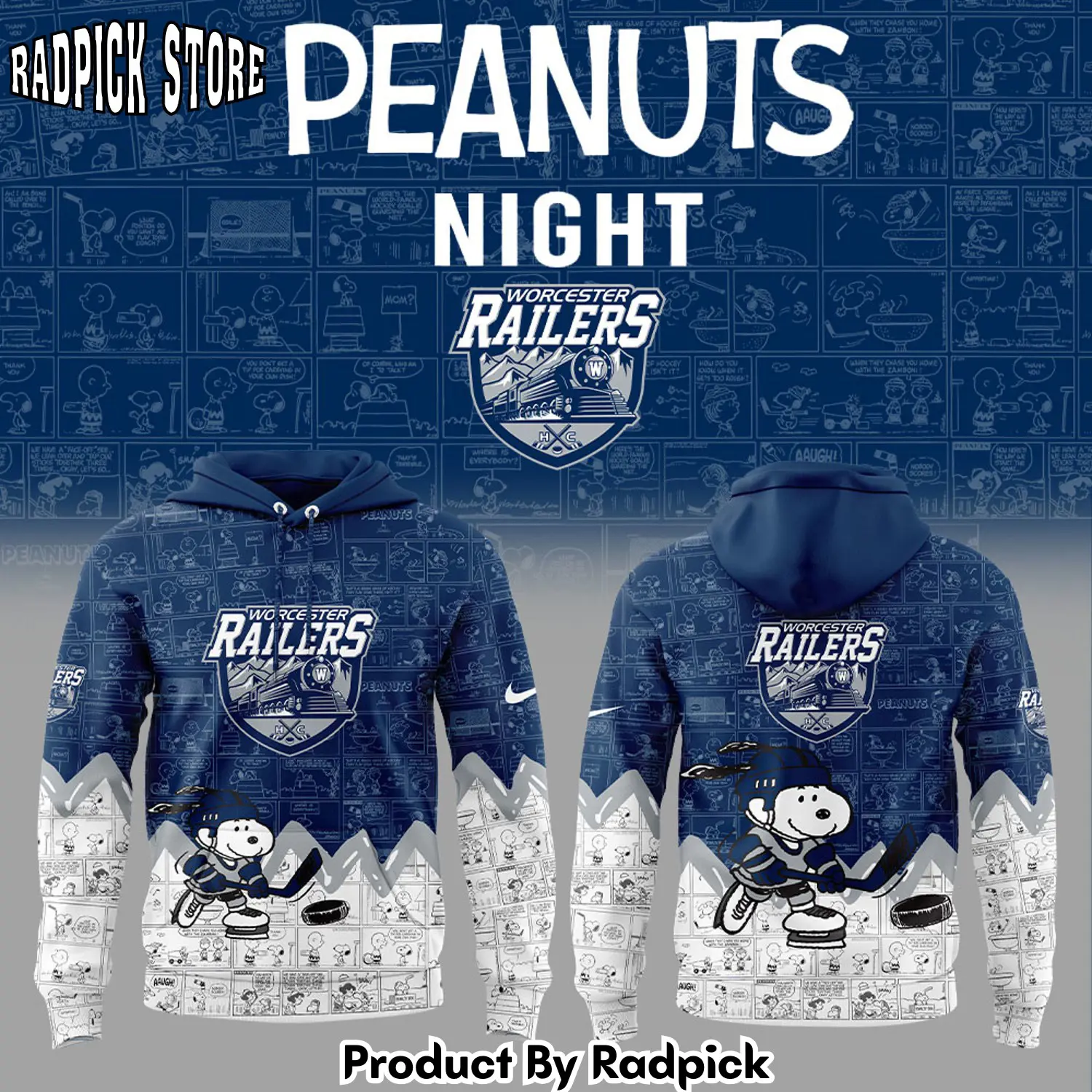 Worcester railers 75th anniversary of peanuts 3d hoodie rp2919